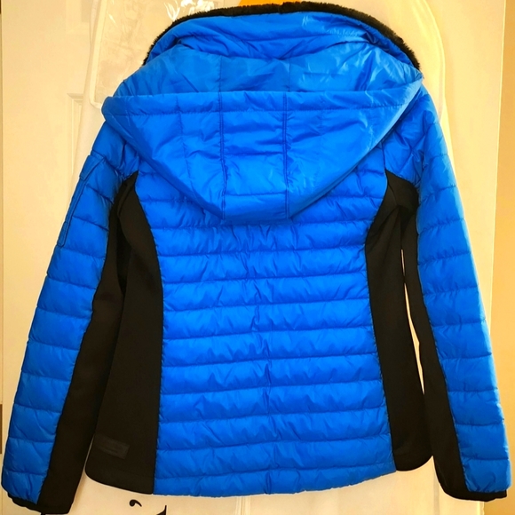 Women's Calvin Klein Performance Puffer Coat Blue with Black Faux Fur sz XS - Picture 11 of 11